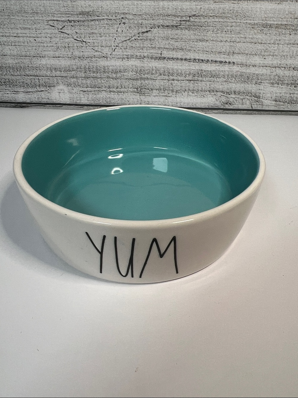 Rae Dunn YUM Dog Bowl Teal Blue Interior White Ceramic Pet Dish Artisan Collecti